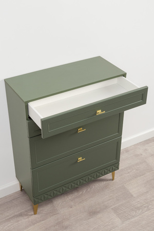 Комод Марион 16.249 дымчатый зеленый K521, олива шагрень AG 1050 ПВХ, белый PE шагрень