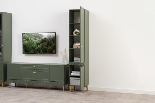 Шкаф-пенал Марион 16.333.01 дымчатый зеленый K521, олива шагрень AG 1050 ПВХ (собирается на любую сторону)