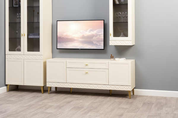 Гостиная Марион композиция 2 слоновая кость С341 PE, слоновая кость 6898 ПВХ, белый PE шагрень (собирается на любую сторону)