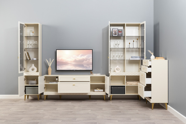 Гостиная Марион композиция 1 слоновая кость С341 PE, слоновая кость 6898 ПВХ, белый PE шагрень (собирается на любую сторону)