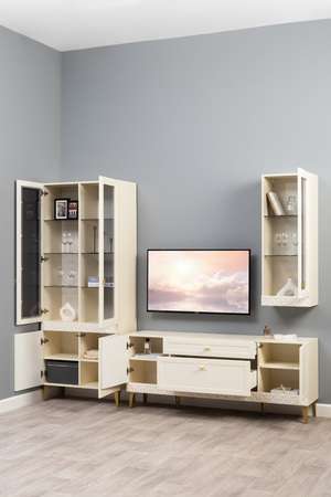 Гостиная Марион композиция 1 слоновая кость С341 PE, слоновая кость 6898 ПВХ, белый PE шагрень (собирается на любую сторону)